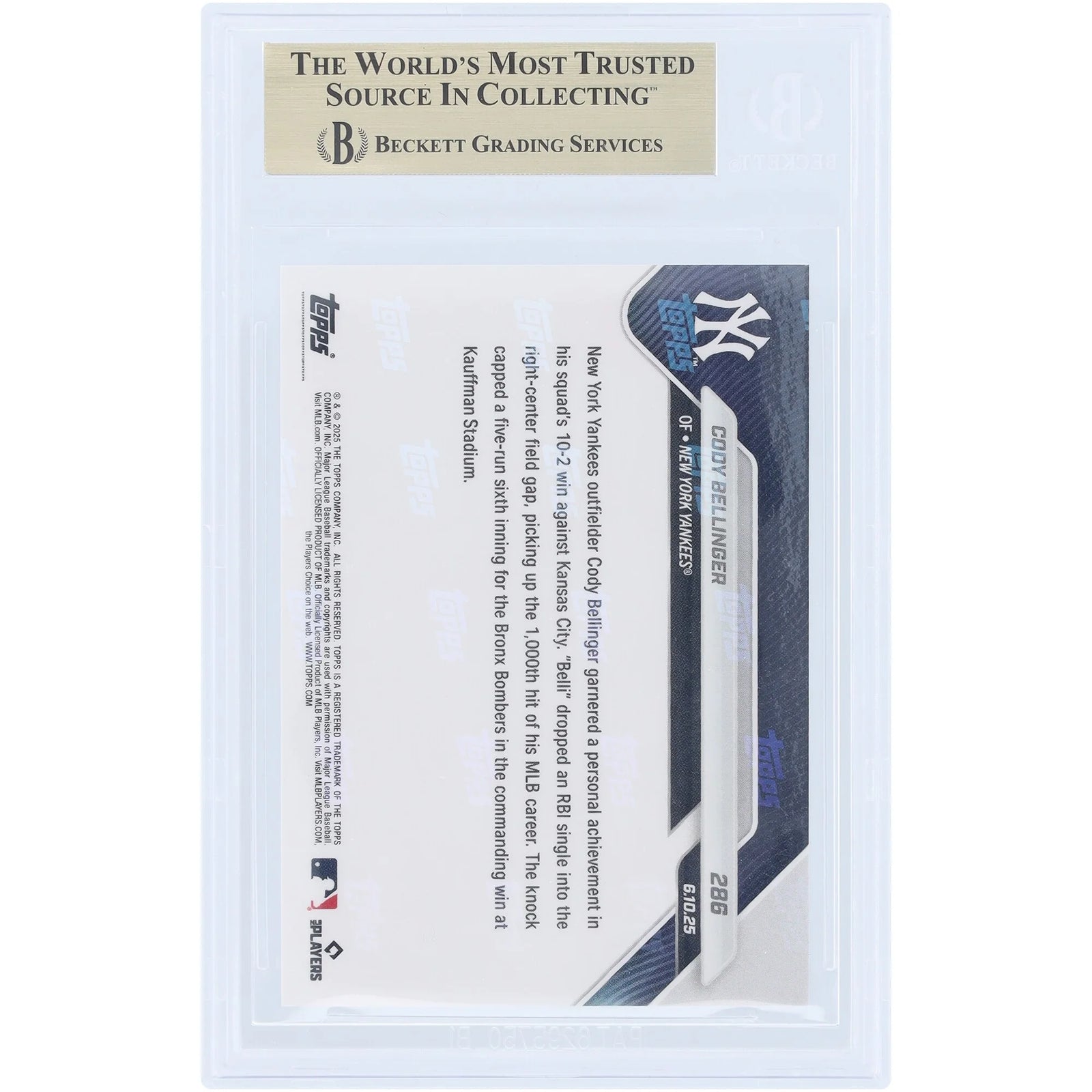 Cody Bellinger 2025 Topps Now 1,000th Career Hit #286 Card | BGS 10