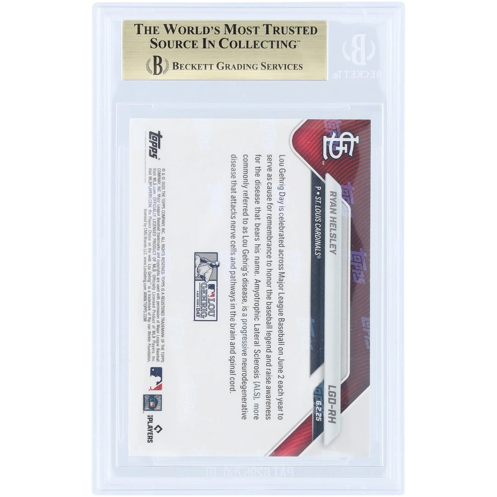 Ryan Helsley Signed 2025 Topps Now Lou Gehrig Day Card | BGS 10