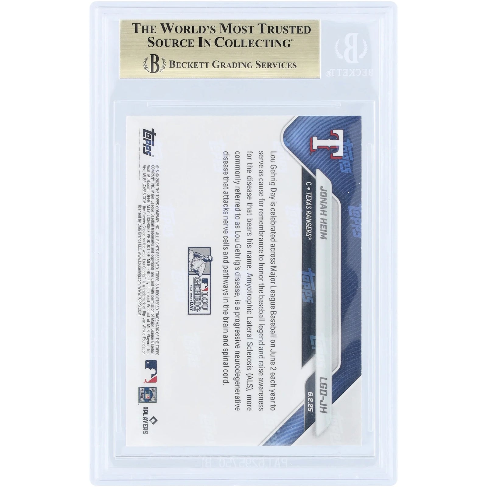 Jonah Heim Texas Rangers 2025 Topps Now Lou Gehrig Day Card | BGS 10