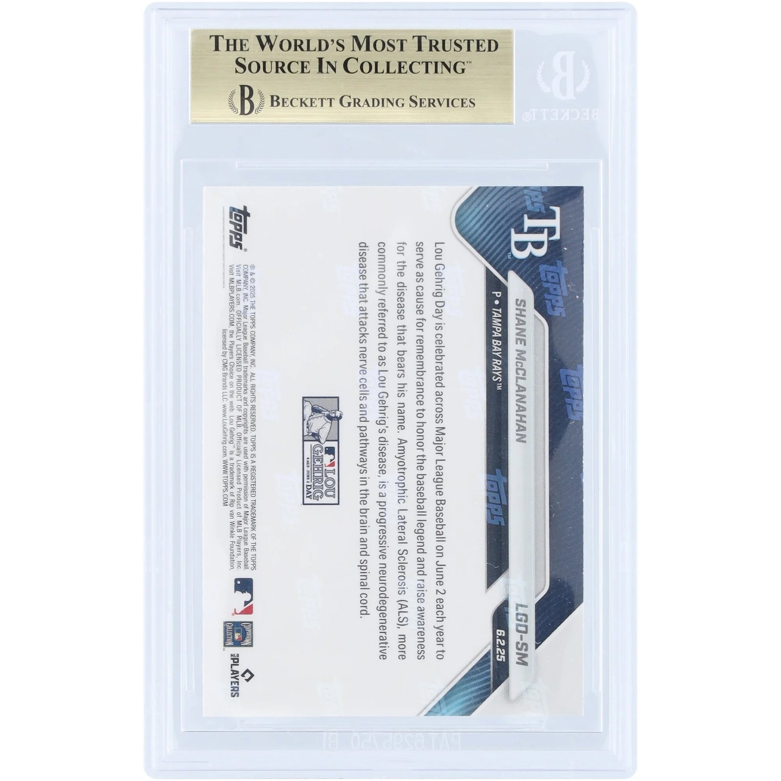 Shane McClanahan 2025 Topps Now Lou Gehrig Day Card | BGS 10