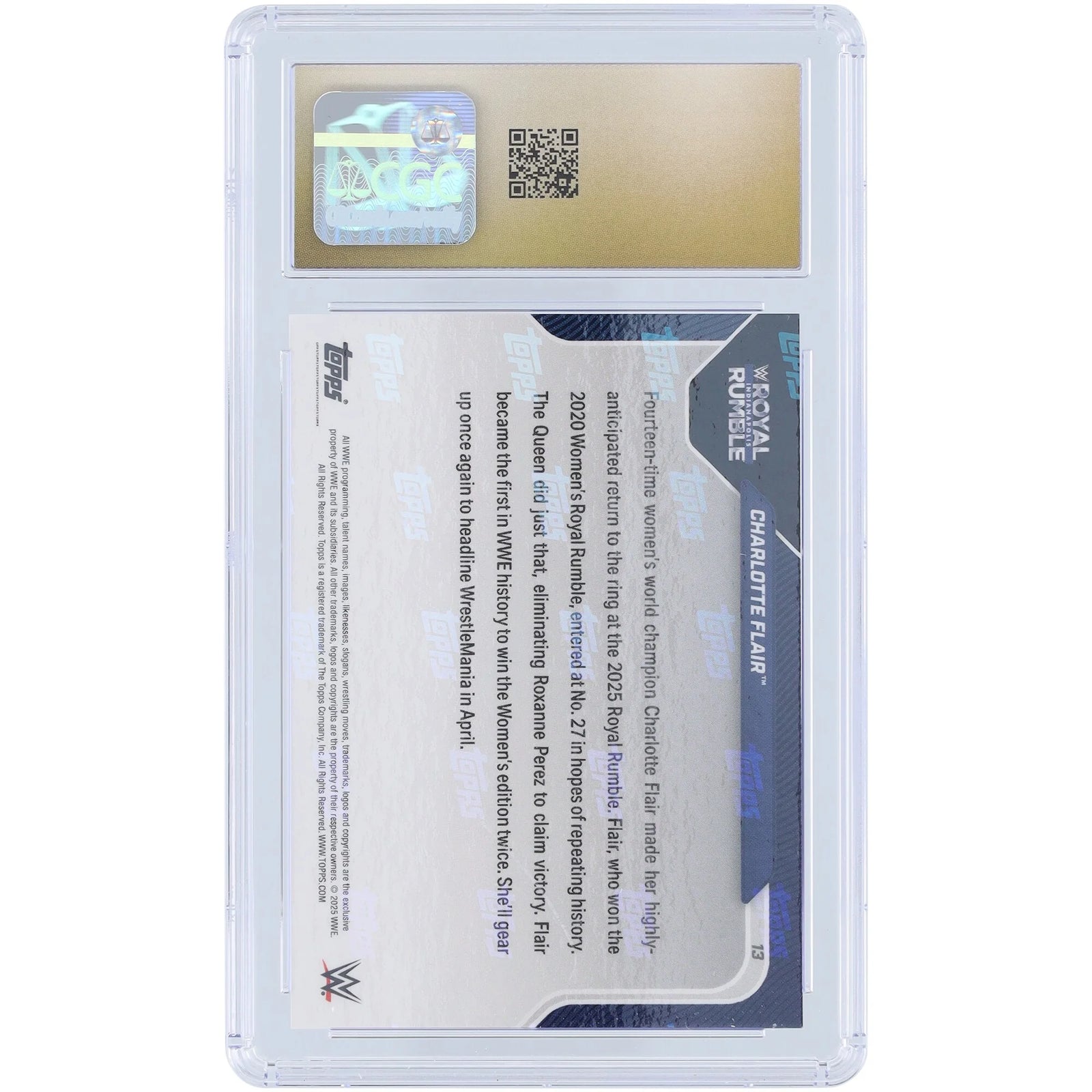 Charlotte Flair WWE 2025 Topps Now Wins Second Career Women's Royal Rumble #13 CGC Authenticated Pristine 10 Card - F2