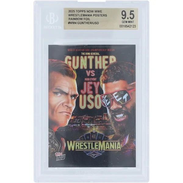 Gunther and Jey Uso Signed WWE 2025 Topps Now WrestleMania 41 Matchup Poster Rainbow Foil