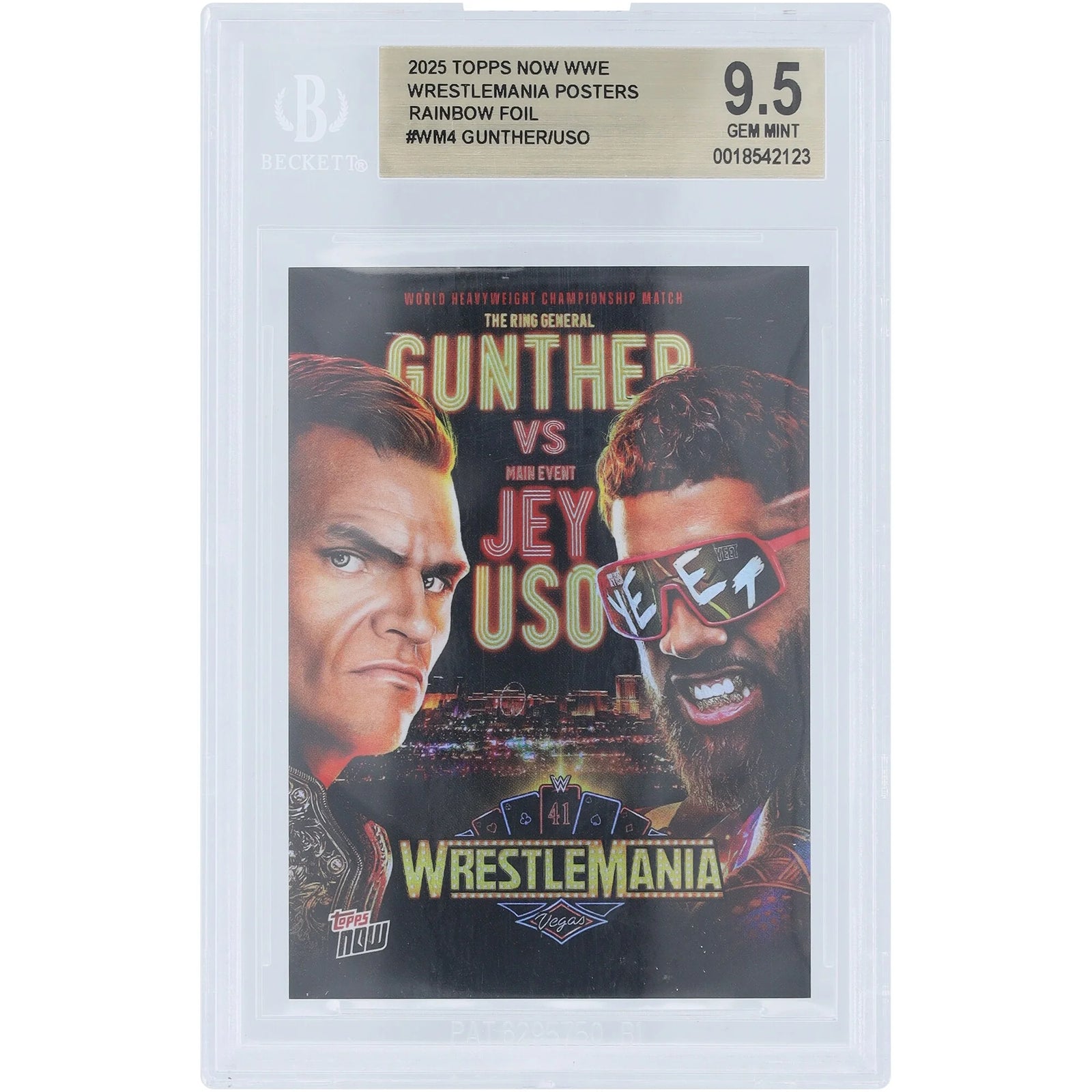 Gunther and Jey Uso Signed WWE 2025 Topps Now WrestleMania 41 Matchup Poster Rainbow Foil