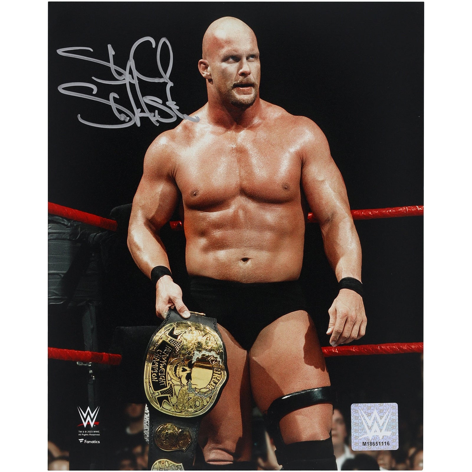 "Stone Cold" Steve Austin WWE Autographed Fanatics Authentic 8" x 10" Holding Smoking Skull Title Photograph - The Ballers Bank