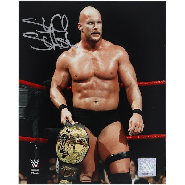 "Stone Cold" Steve Austin WWE Autographed Fanatics Authentic 8" x 10" Holding Smoking Skull Title Photograph - The Ballers Bank