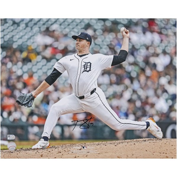 Tarik Skubal Detroit Tigers Autographed Fanatics Authentic 16" x 20" White Uniform Pitching Photograph - The Ballers Bank