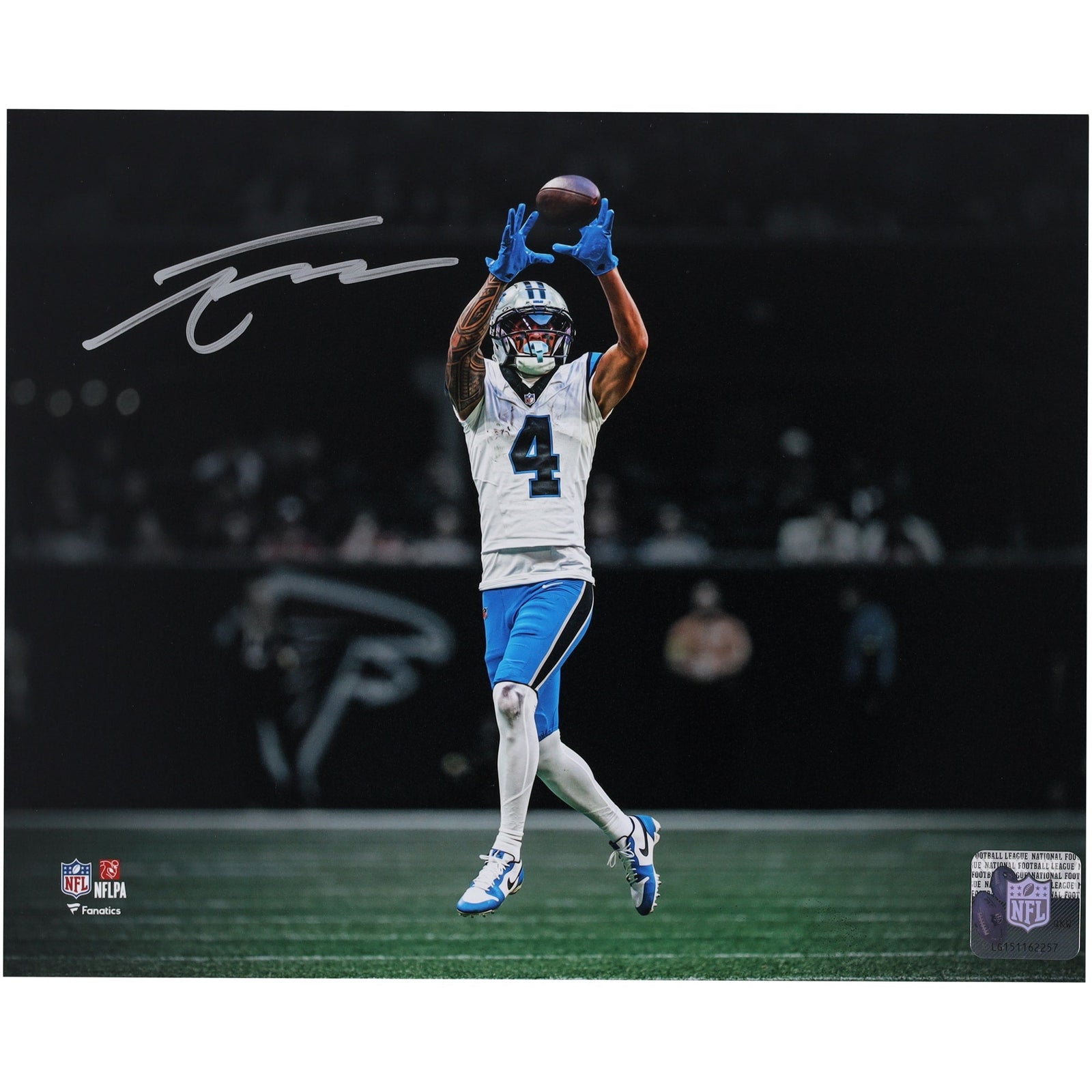 Tetairoa McMillan Carolina Panthers Autographed Fanatics Authentic 8" x 10" White Jersey Catch Spotlight Photograph - The Ballers Bank