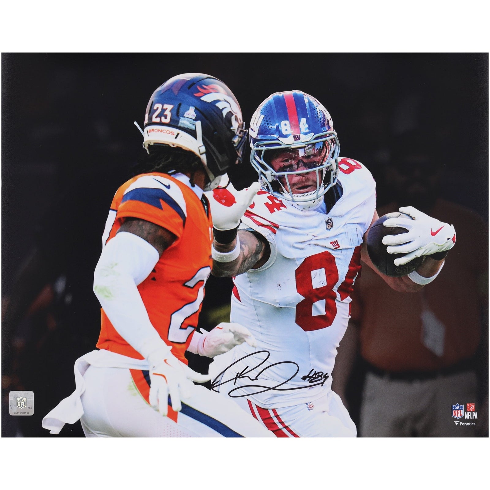 Theo Johnson New York Giants Autographed Fanatics Authentic 16" x 20" Stiff Arm Spotlight Photograph - The Ballers Bank