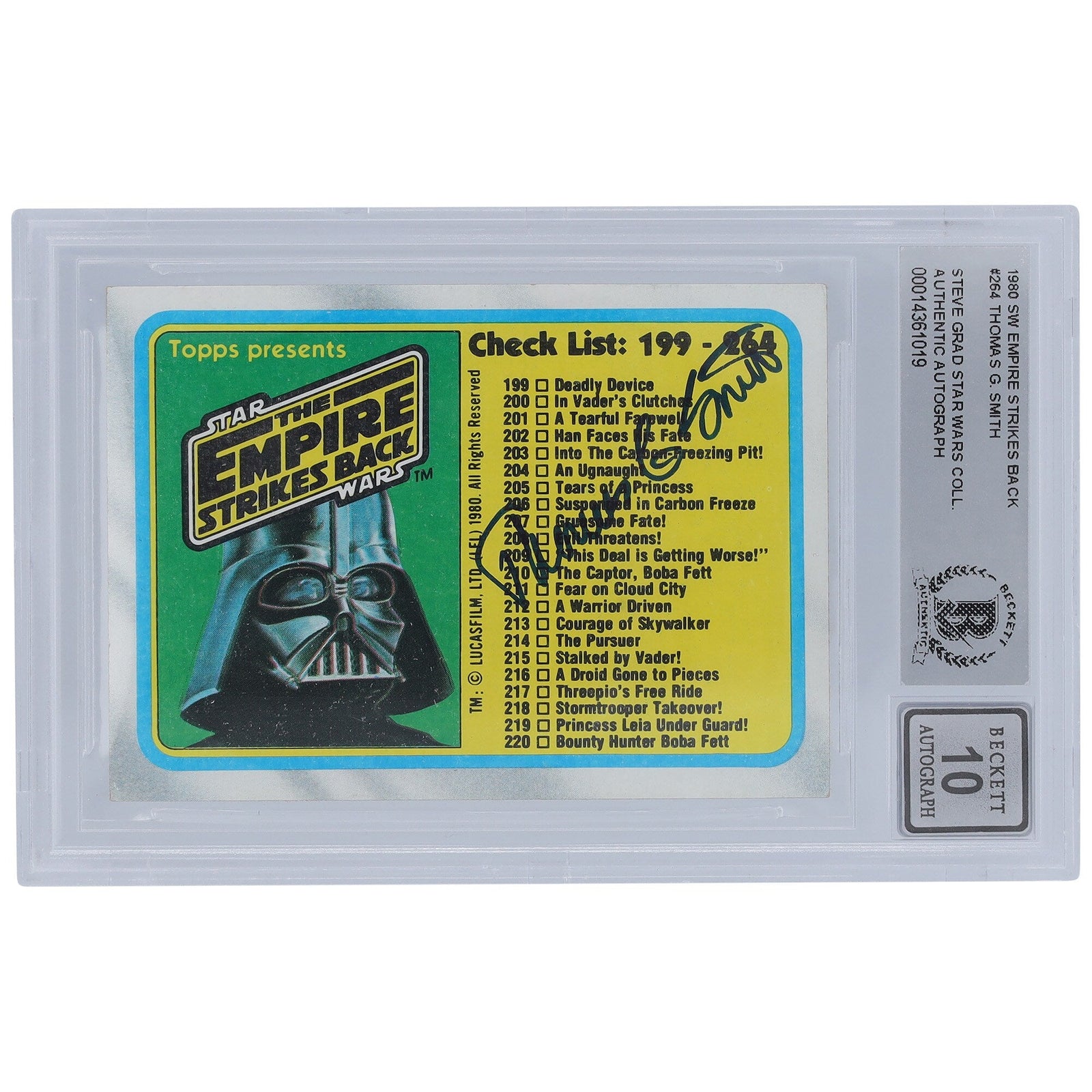 Thomas G. Smith Star Wars Autographed 1980 Topps The Empire Strikes Back 264 BGS Authenticated 10 Card - The Ballers Bank