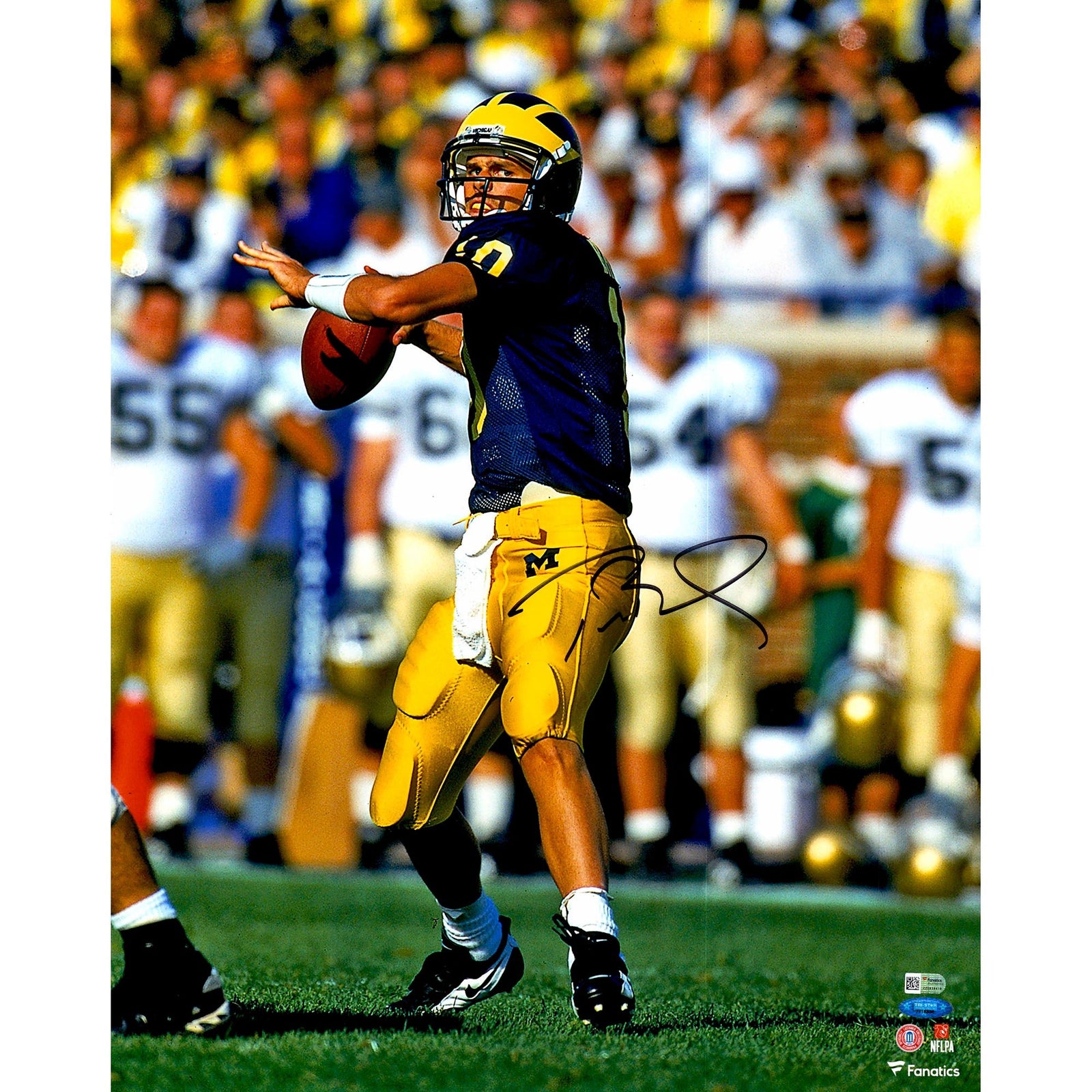 Tom Brady Michigan Wolverines Autographed 16" x 20" Blue Throwing Photograph - The Ballers Bank