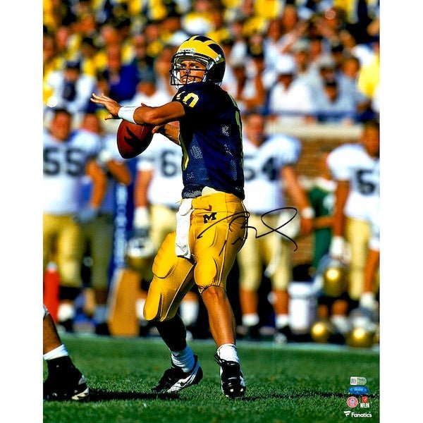 Tom Brady Michigan Wolverines Autographed 16" x 20" Blue Throwing Photograph - The Ballers Bank
