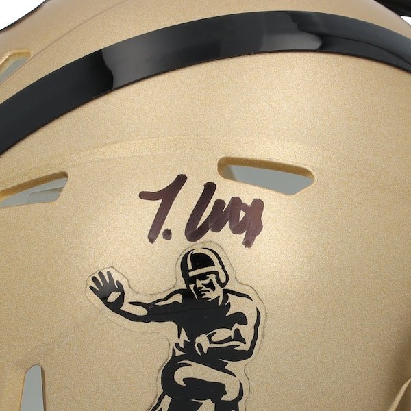 Travis Hunter Colorado Buffaloes Autographed Fanatics Authentic Riddell Gold Heisman Speed Mini Helmet - The Ballers Bank