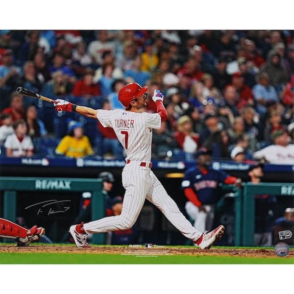 Trea Turner Philadelphia Phillies Autographed Fanatics Authentic 16" x 20" White Jersey Hitting Photograph - The Ballers Bank