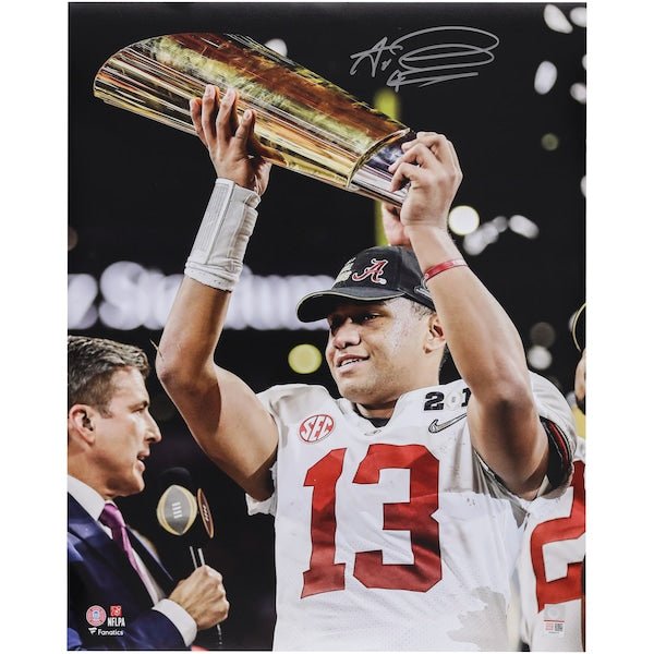 Tua Tagovailoa Alabama Crimson Tide Autographed Fanatics Authentic 16" x 20" Holding BCS Trophy Photograph - The Ballers Bank