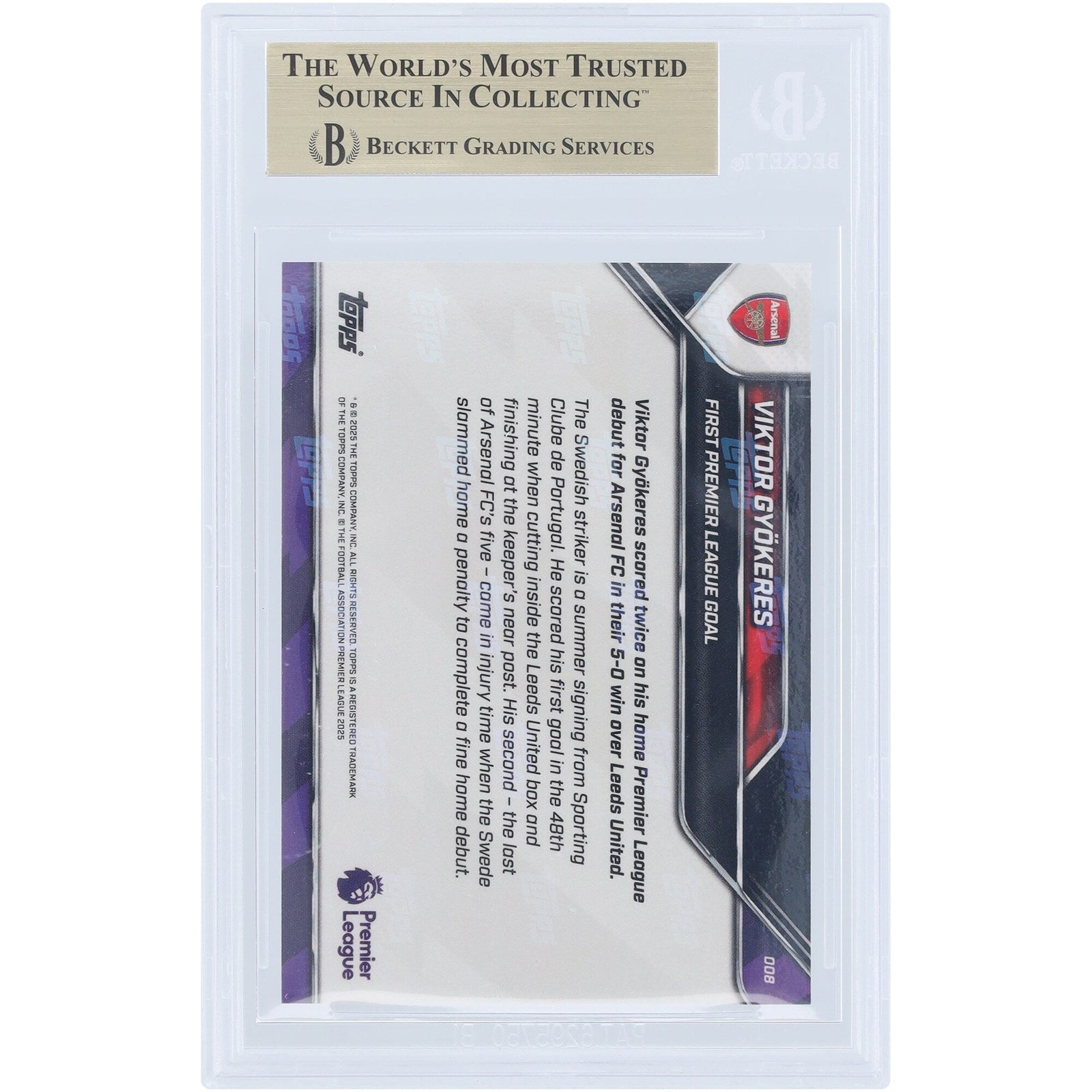 Viktor Gyökeres Arsenal 2025 - 26 Topps Now First Premier League Goal 8 BGS Authenticated 9.5 Card - The Ballers Bank