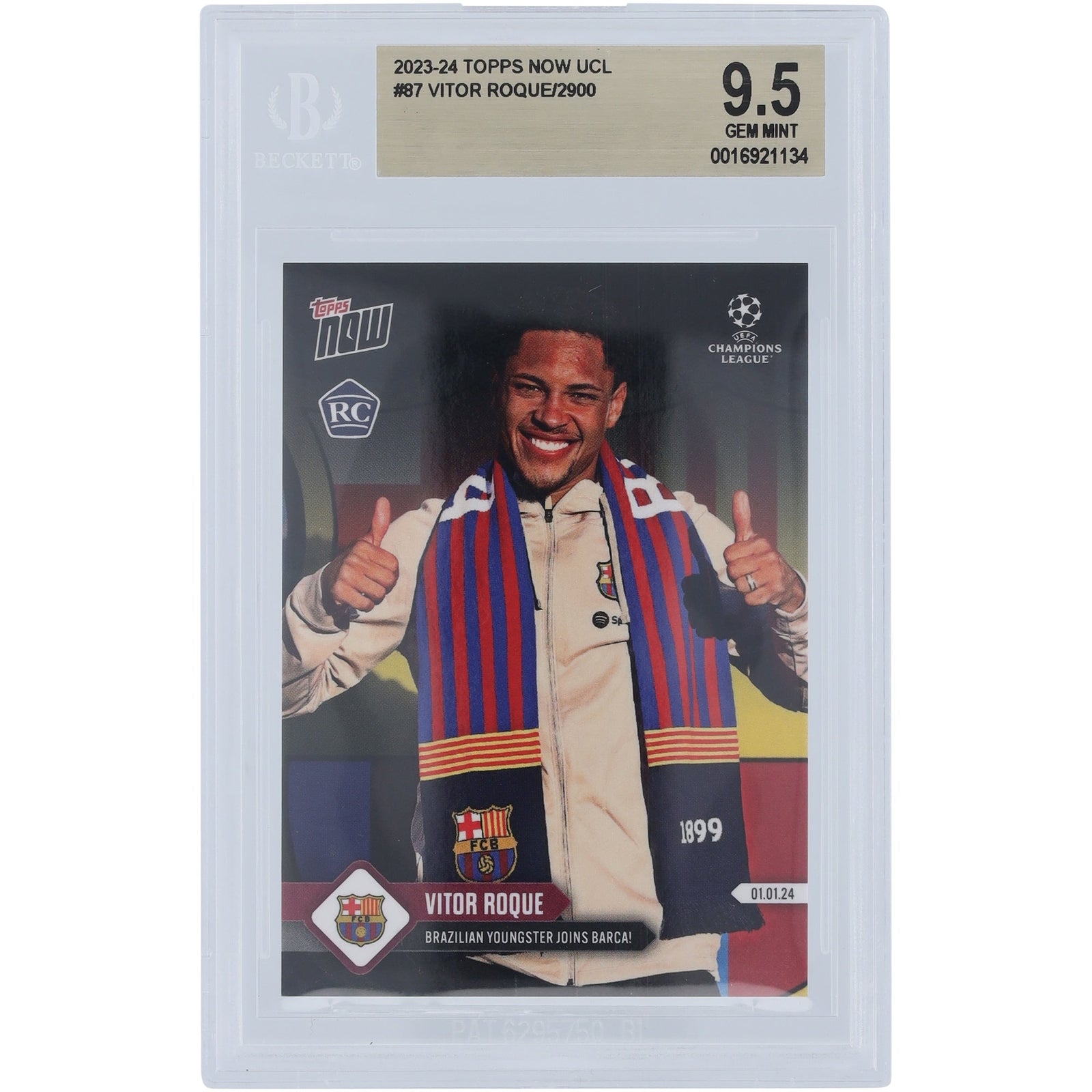 Vitor Roque Barcelona 2023 - 24 Topps Now UCL Joins Barca 87 BGS Authenticated 9.5 Rookie Card - The Ballers Bank