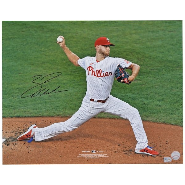 Zack Wheeler Philadelphia Phillies Autographed Fanatics Authentic 16" x 20" Pinstripes Pitching Photograph - The Ballers Bank